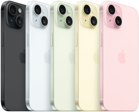 Pohled zezadu na iPhone 15 s vyspělou fotosoustavou a probarveným sklem ve všech barvách: černé, modré, zelené, žluté, růžové.