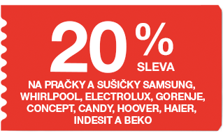 20 % sleva na pračky a sušičky Samsung, Whirlpool, Electrolux, Gorenje, Concept, Candy, Hoover, Haier, Indesit a Beko
