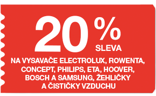 20 % sleva na vysavače Electrolux, Rowenta, Concept, Philips, ETA, Hoover, Bosch a Samsung, žehličky a čističky vzduchu